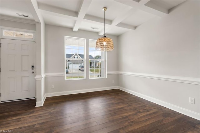 unfurnished dining area with coffered ceiling, beam ceiling, and dark wood-type flooring