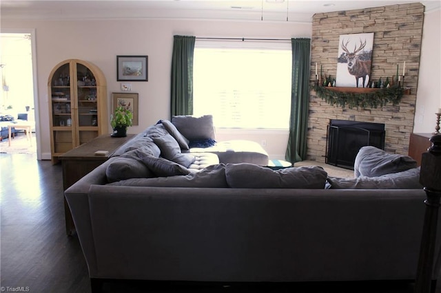 living area with a stone fireplace, dark wood finished floors, and crown molding