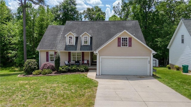 view of front of home with a front lawn, an attached garage, roof with shingles, a porch, and driveway