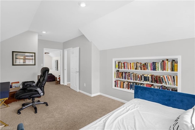 carpeted bedroom featuring baseboards, recessed lighting, and vaulted ceiling