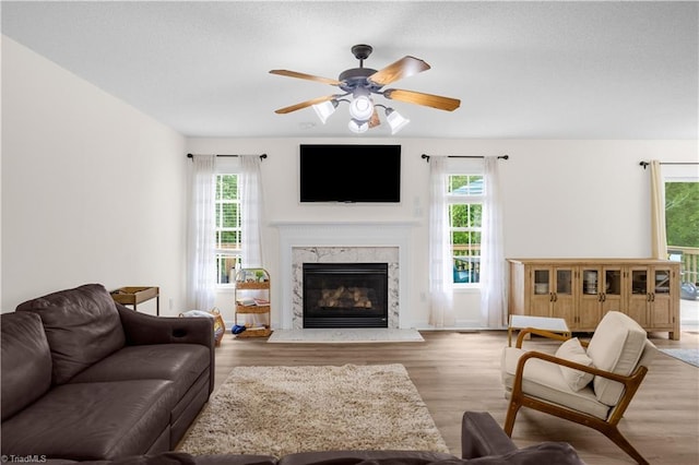 living area featuring a ceiling fan, plenty of natural light, wood finished floors, and a fireplace
