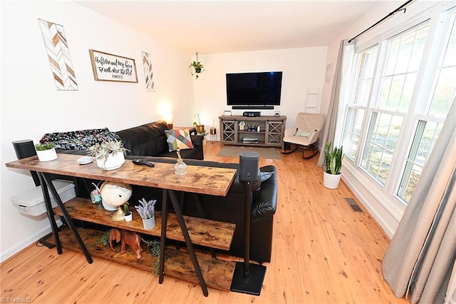 living room with a healthy amount of sunlight and hardwood / wood-style flooring