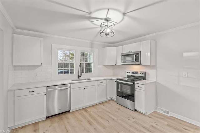 kitchen featuring stainless steel appliances, decorative backsplash, ornamental molding, white cabinets, and sink