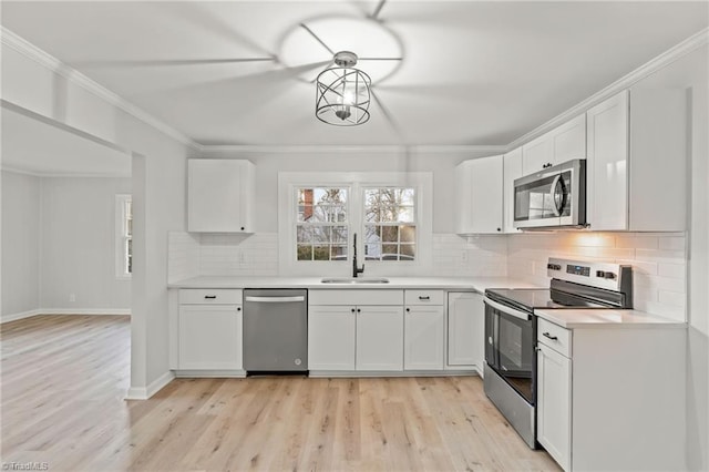 kitchen featuring decorative backsplash, appliances with stainless steel finishes, sink, and white cabinetry