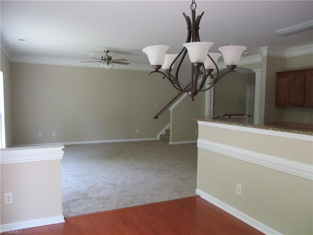 917 Avalon Acres Ct, High Point, NC 27265 - unfurnished living room with ceiling fan, ornamental molding, stairway, baseboards, and light wood-style flooring