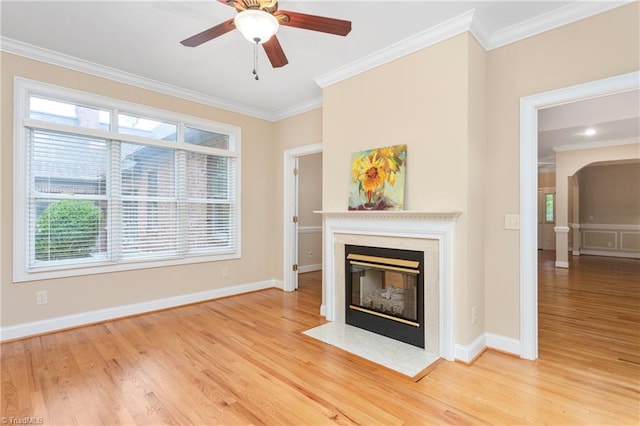 2012 Muirfield Ct, Elon, NC 27244 - unfurnished living room featuring wood finished floors, ornamental molding, ceiling fan, a fireplace, and baseboards