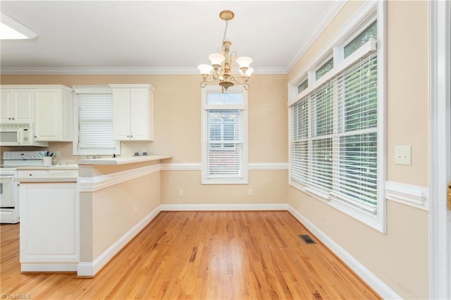2012 Muirfield Ct, Elon, NC 27244 - kitchen featuring white appliances, a chandelier, white cabinets, light wood-style floors, and crown molding