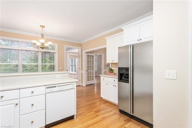 2012 Muirfield Ct, Elon, NC 27244 - kitchen featuring stainless steel fridge with ice dispenser, dishwasher, healthy amount of natural light, white cabinetry, and ornamental molding