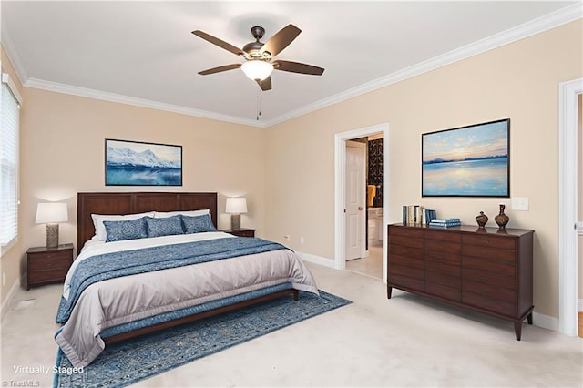 2012 Muirfield Ct, Elon, NC 27244 - bedroom featuring ornamental molding, light carpet, baseboards, and a ceiling fan