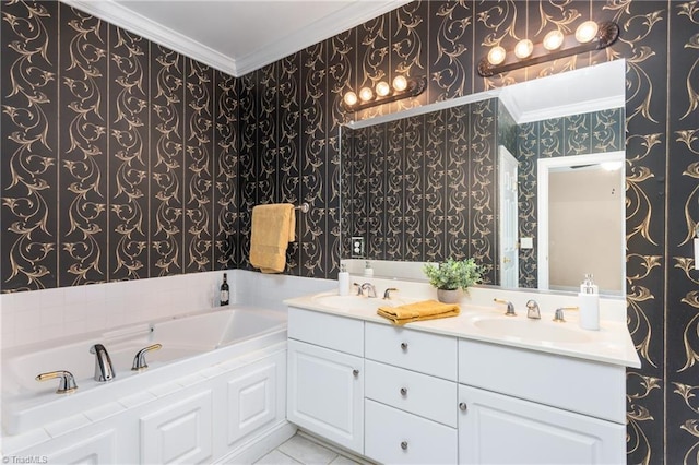 2012 Muirfield Ct, Elon, NC 27244 - bathroom with wallpapered walls, ornamental molding, double vanity, and a bath