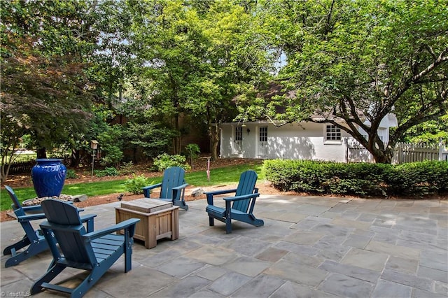 view of patio / terrace with a fire pit and fence