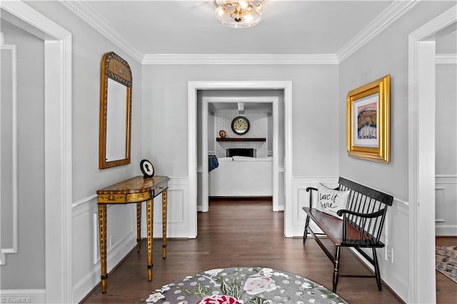 hall featuring wood finished floors, crown molding, a wainscoted wall, and a decorative wall