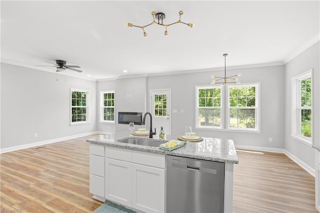 411 Motif Ln, Winston-Salem, NC 27107 - kitchen featuring stainless steel dishwasher, ornamental molding, a chandelier, light wood-style floors, and open floor plan