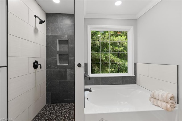 411 Motif Ln, Winston-Salem, NC 27107 - bathroom featuring a tile shower, a bath, ornamental molding, and recessed lighting