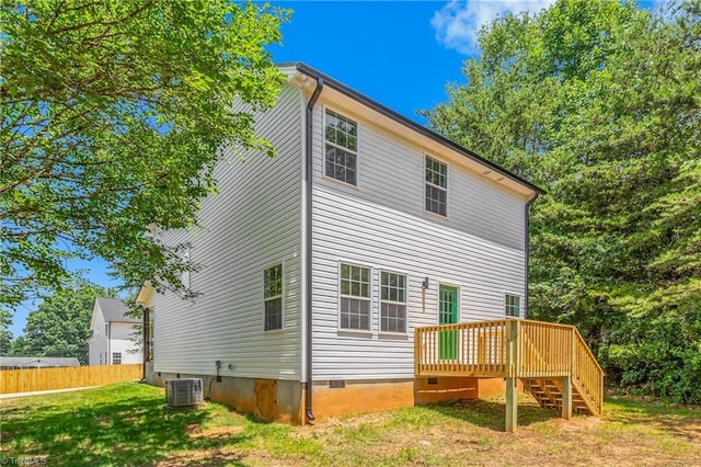 411 Motif Ln, Winston-Salem, NC 27107 - rear view of house featuring crawl space, a wooden deck, and stairway