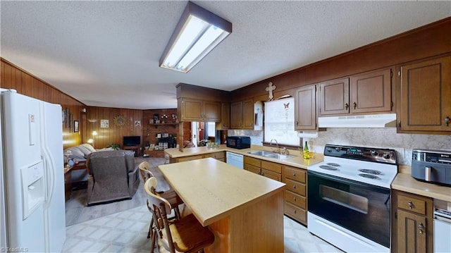 4211 Village Dr, Trinity, NC 27370 - kitchen featuring white appliances, a sink, open floor plan, under cabinet range hood, and wood walls