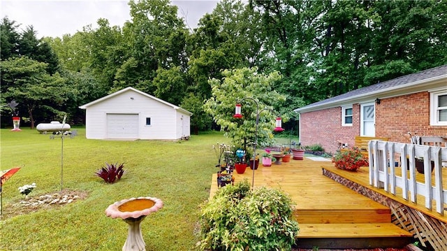 4211 Village Dr, Trinity, NC 27370 - view of grassy yard with an outbuilding, a wooden deck, a detached garage, and view of wooded area