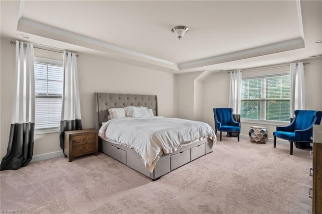 carpeted bedroom featuring a raised ceiling and multiple windows