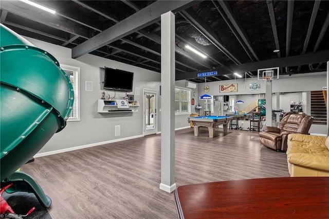 interior space featuring a wealth of natural light, wood-type flooring, and billiards