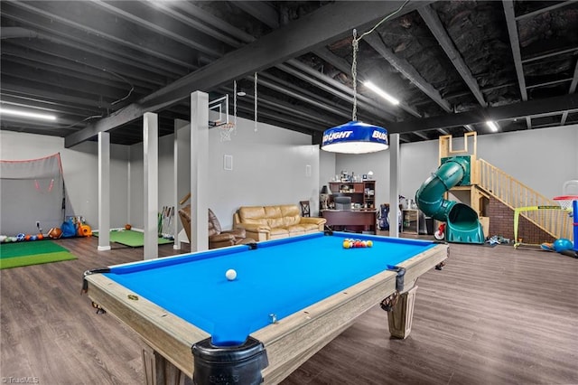 recreation room with hardwood / wood-style floors and pool table