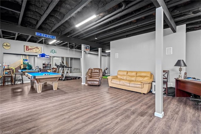 playroom with hardwood / wood-style flooring and billiards