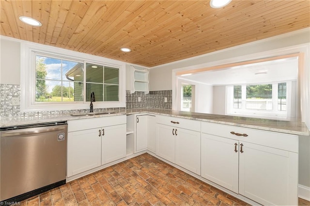 kitchen featuring tasteful backsplash, dishwasher, sink, white cabinetry, and wooden ceiling