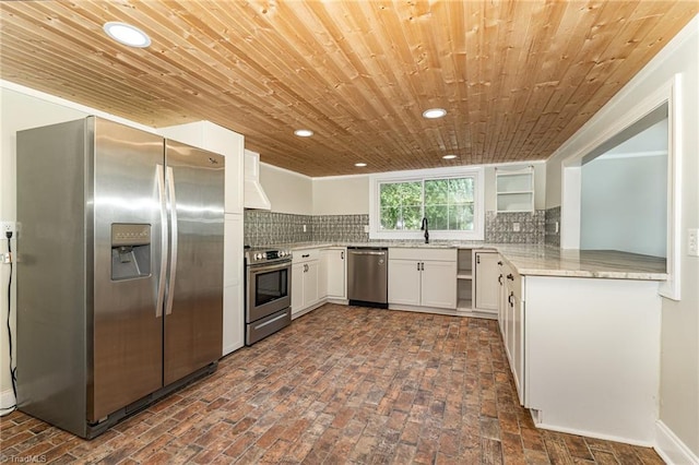 kitchen with white cabinetry, wooden ceiling, appliances with stainless steel finishes, backsplash, and sink