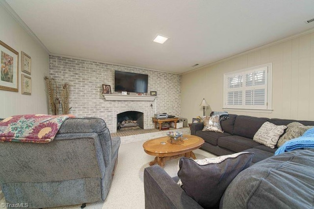 carpeted living room featuring a fireplace and crown molding