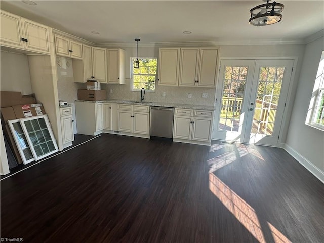 kitchen featuring decorative light fixtures, dark wood-type flooring, dishwasher, and french doors