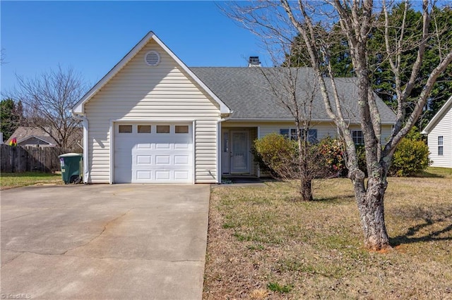 ranch-style home featuring a front yard, fence, an attached garage, a chimney, and concrete driveway