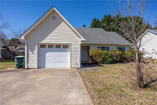 single story home featuring driveway, a front lawn, an attached garage, and fence