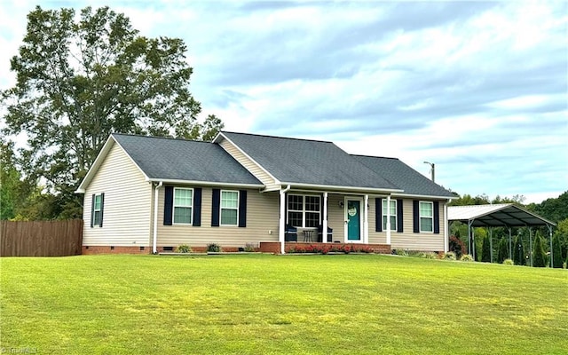 ranch-style home with roof with shingles, crawl space, fence, a front lawn, and a carport