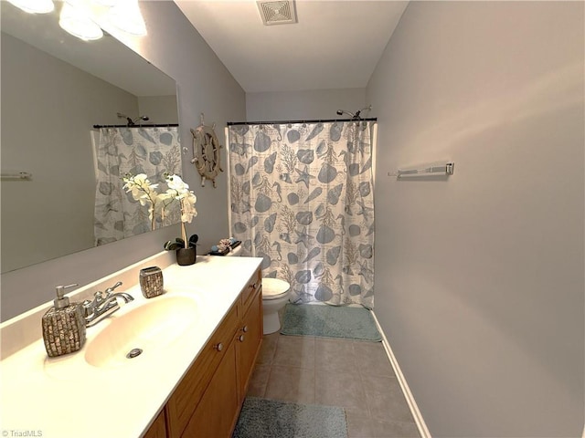 full bath with visible vents, toilet, vanity, tile patterned flooring, and baseboards