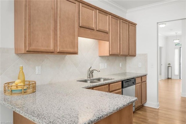 6924 Langdon Village Ct, Clemmons, NC 27012 - kitchen featuring stainless steel dishwasher, crown molding, light wood-type flooring, light stone counters, and a peninsula