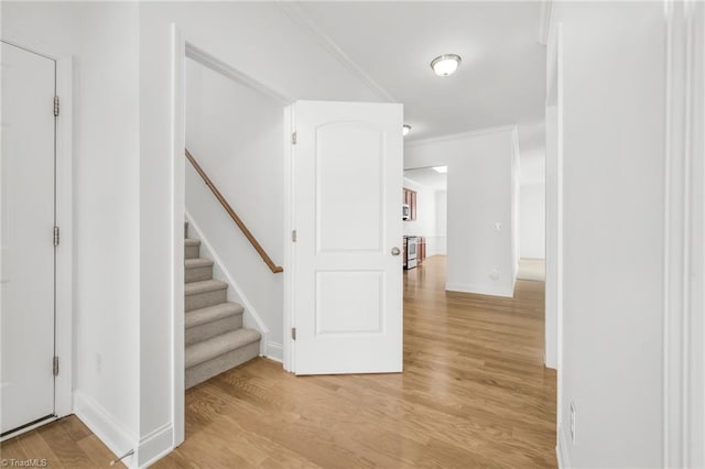 6924 Langdon Village Ct, Clemmons, NC 27012 - foyer with light wood finished floors, stairway, and ornamental molding