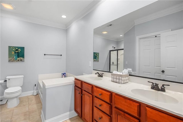 bathroom featuring ornamental molding, toilet, tile patterned flooring, and vanity