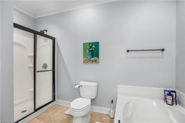 bathroom with tile patterned flooring, ornamental molding, plus walk in shower, and toilet