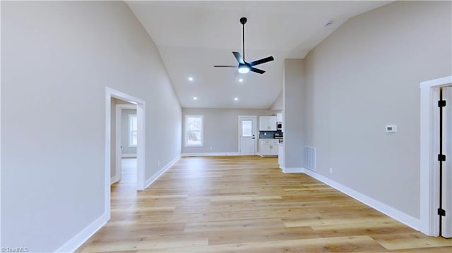 unfurnished living room featuring light hardwood / wood-style flooring, high vaulted ceiling, and ceiling fan