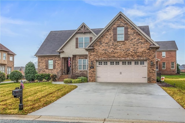 craftsman inspired home with a front lawn and a garage