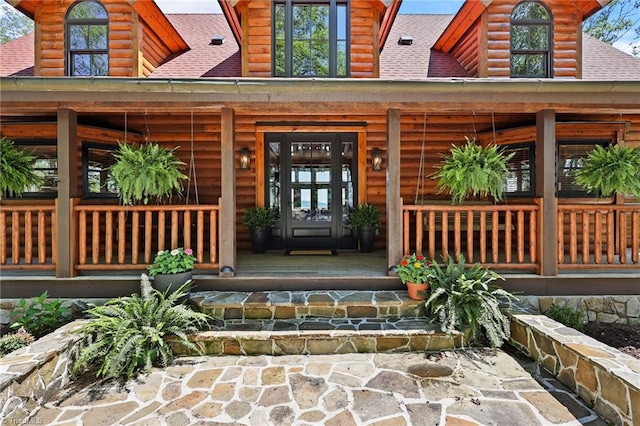 324 Sugar View Trl, Banner Elk, NC 28604 - doorway to property with roof with shingles, a porch, and log veneer siding