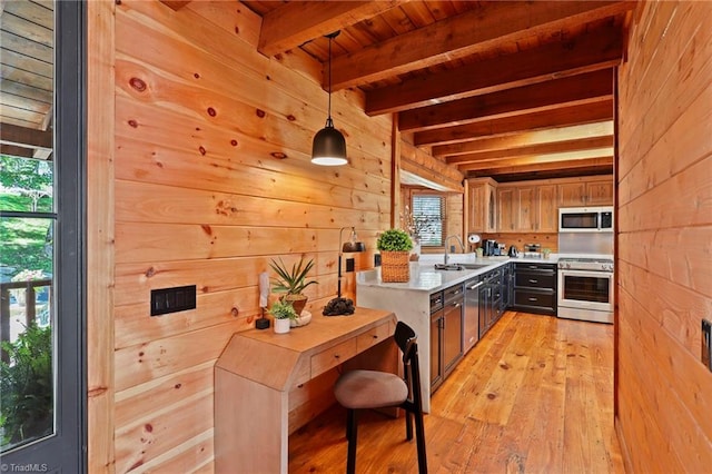 324 Sugar View Trl, Banner Elk, NC 28604 - kitchen with appliances with stainless steel finishes, wood walls, a wooden ceiling with exposed beams, light countertops, and light wood-style flooring