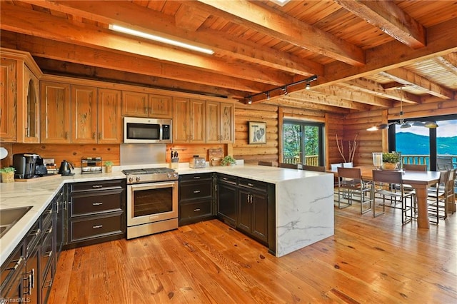 324 Sugar View Trl, Banner Elk, NC 28604 - kitchen with appliances with stainless steel finishes, rustic walls, light wood-style floors, a wood ceiling with exposed beams, and a peninsula