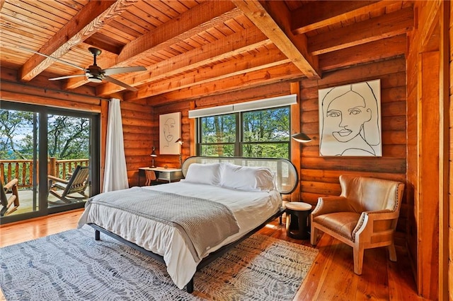 324 Sugar View Trl, Banner Elk, NC 28604 - bedroom featuring a wooden ceiling with exposed beams, access to outside, rustic walls, and wood-type flooring