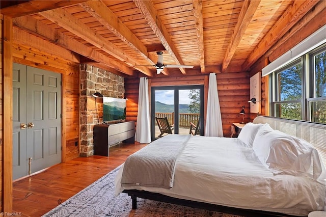 324 Sugar View Trl, Banner Elk, NC 28604 - bedroom with log walls, access to outside, a wood ceiling with exposed beams, and hardwood / wood-style floors