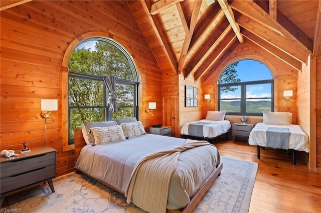 324 Sugar View Trl, Banner Elk, NC 28604 - bedroom with wood walls, multiple windows, light wood-style flooring, a wood ceiling with exposed beams, and high vaulted ceiling