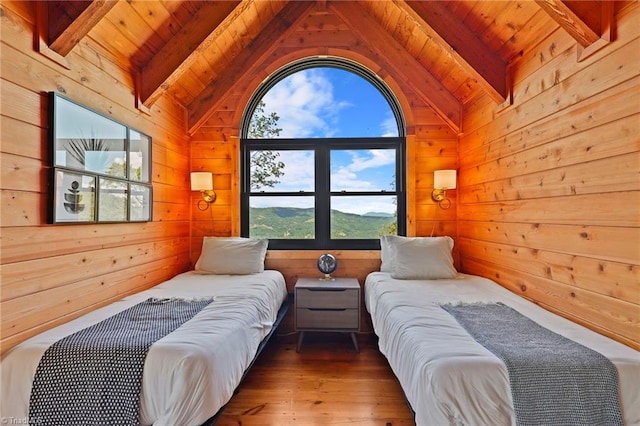 324 Sugar View Trl, Banner Elk, NC 28604 - bedroom featuring wood walls, wooden ceiling, and hardwood / wood-style floors