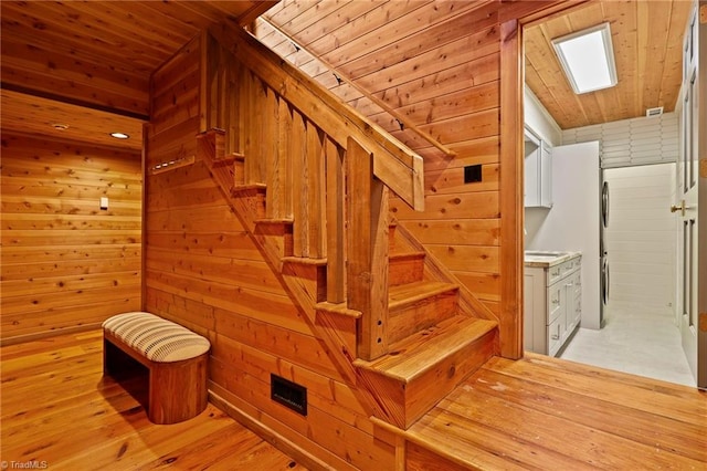 324 Sugar View Trl, Banner Elk, NC 28604 - stairs featuring a sauna, wooden ceiling, wood walls, and wood finished floors
