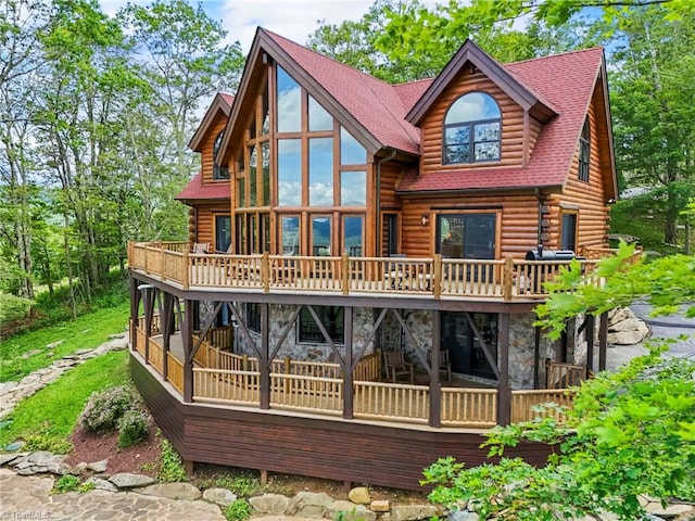 324 Sugar View Trl, Banner Elk, NC 28604 - rear view of house featuring a wooden deck, log siding, and stone siding