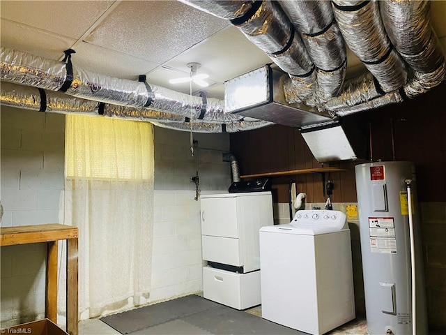 unfinished below grade area with independent washer and dryer, electric water heater, and concrete block wall