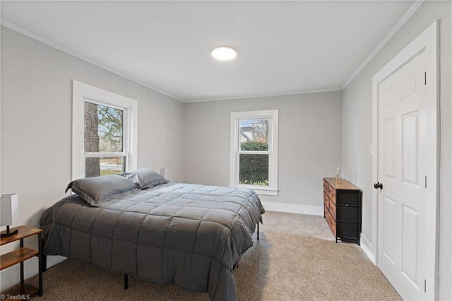 carpeted bedroom with crown molding